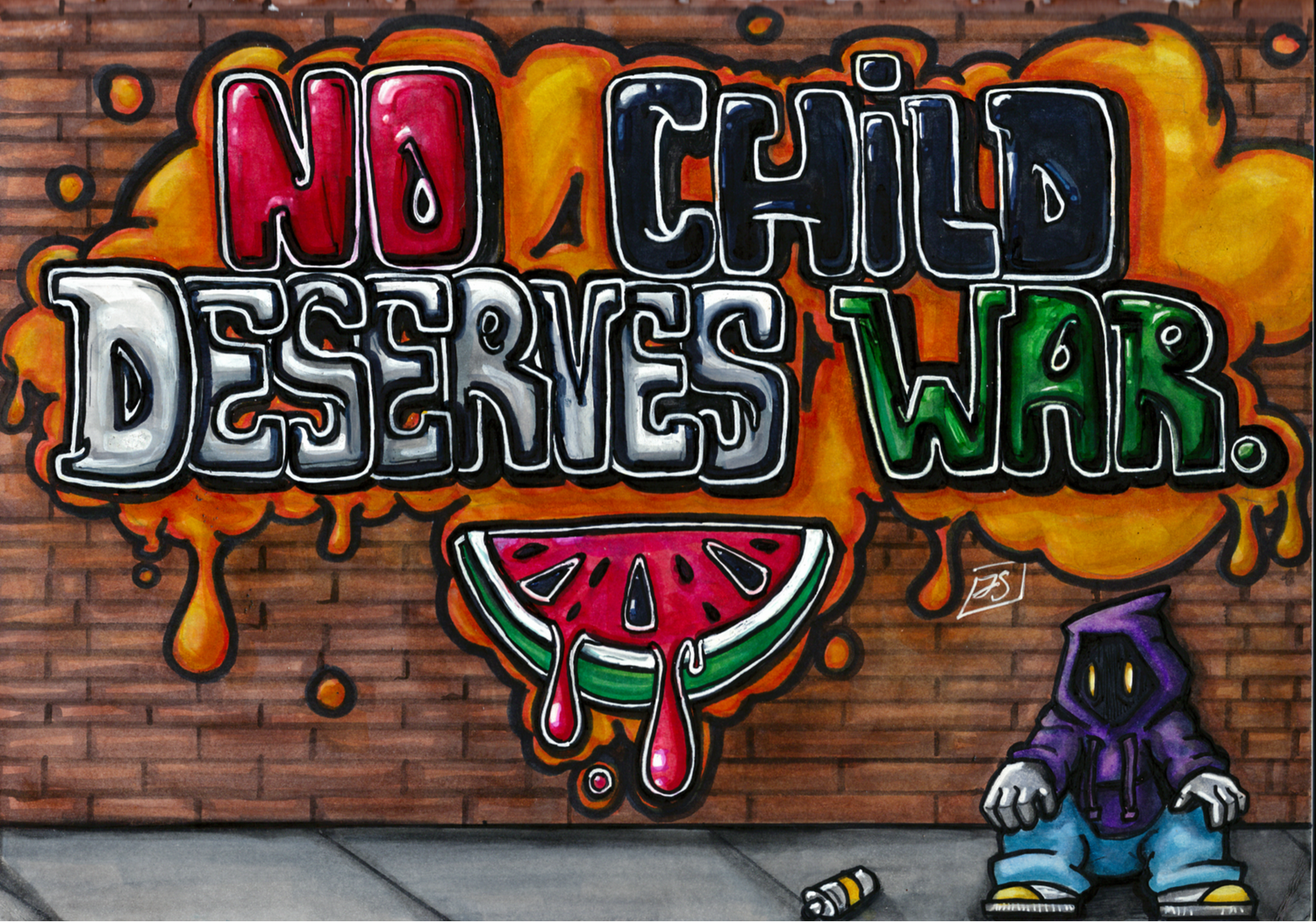 Graffiti-style artwork with 'No Child Deserves War' text on a brick wall.