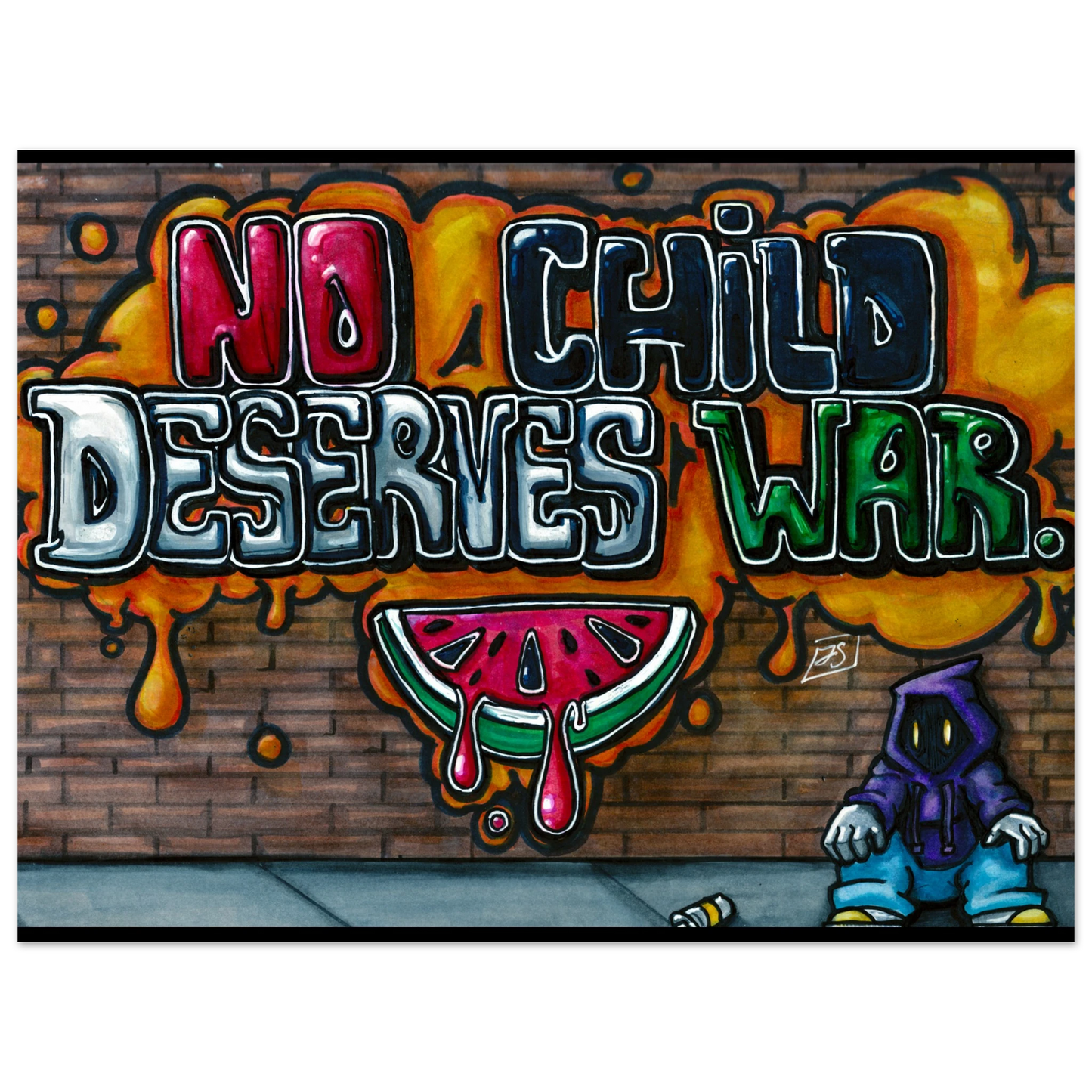 Graffiti-style artwork with 'No Child Deserves War' text and a watermelon on a brick wall background.