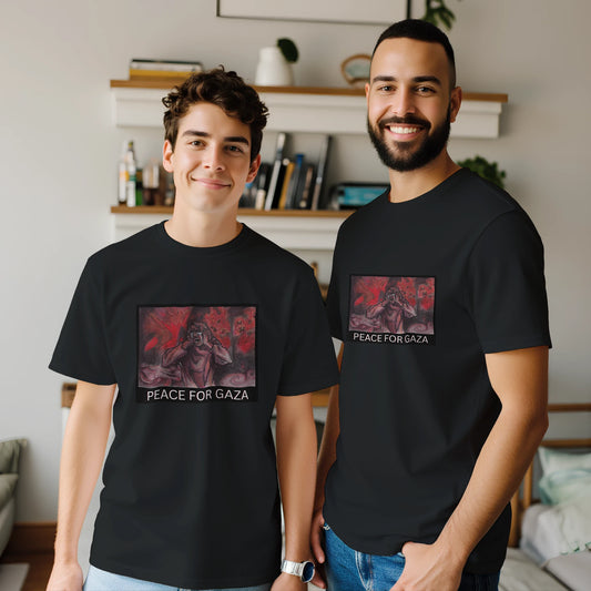 Two men wearing our hand-drawn designs in support of humanitarian aid for Gaza