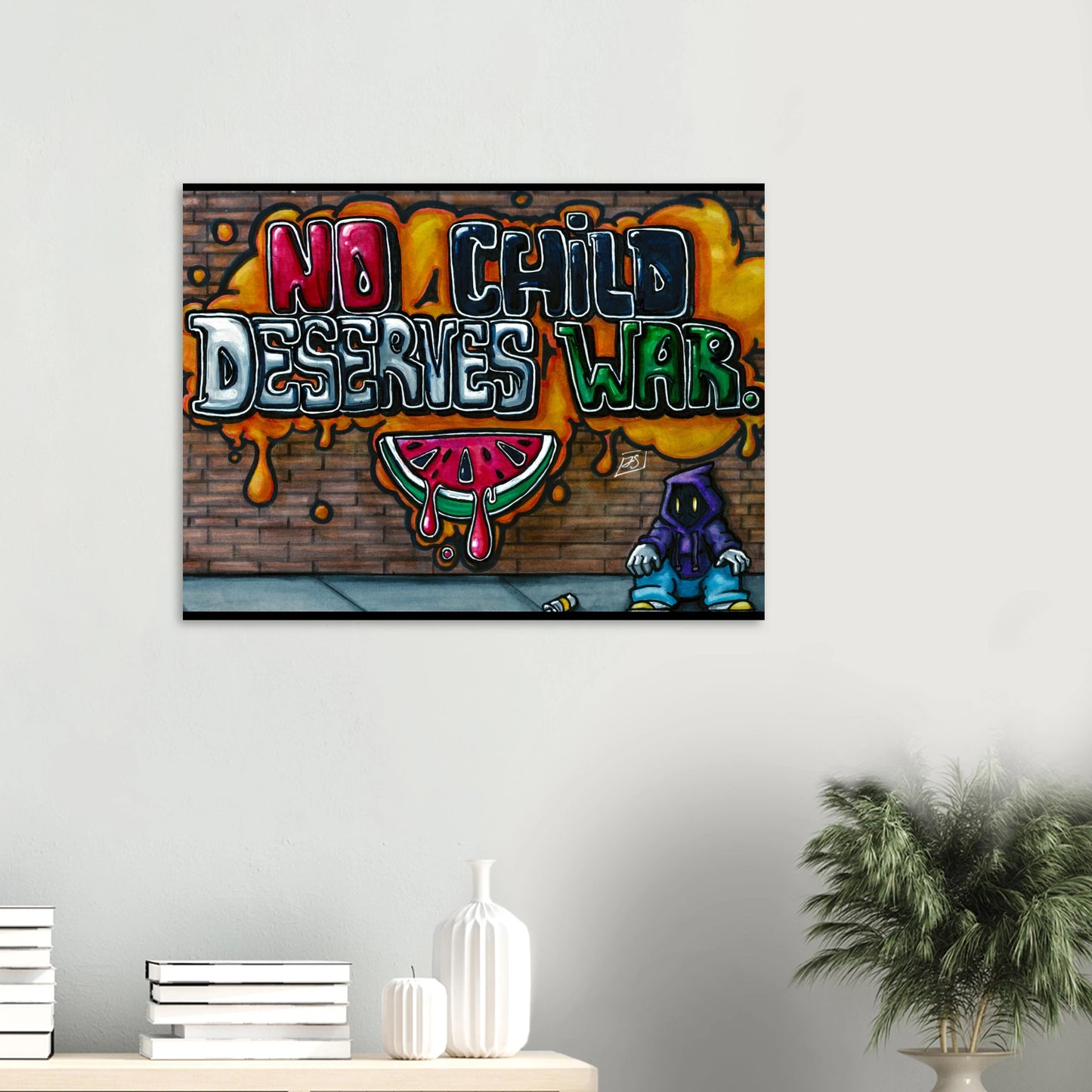 Graffiti-style artwork with 'No Child Deserves War' text on a wall.