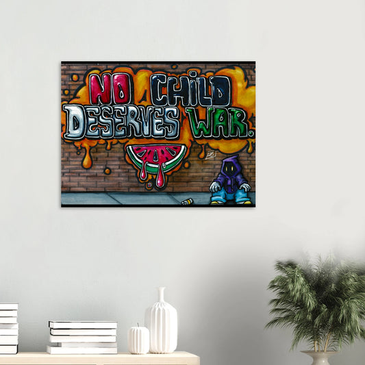 Graffiti-style artwork with 'No Child Deserves War' text on a wall.