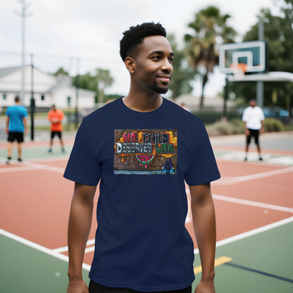 Man wearing a navy blue t-shirt with a colorful graphic on a basketball court