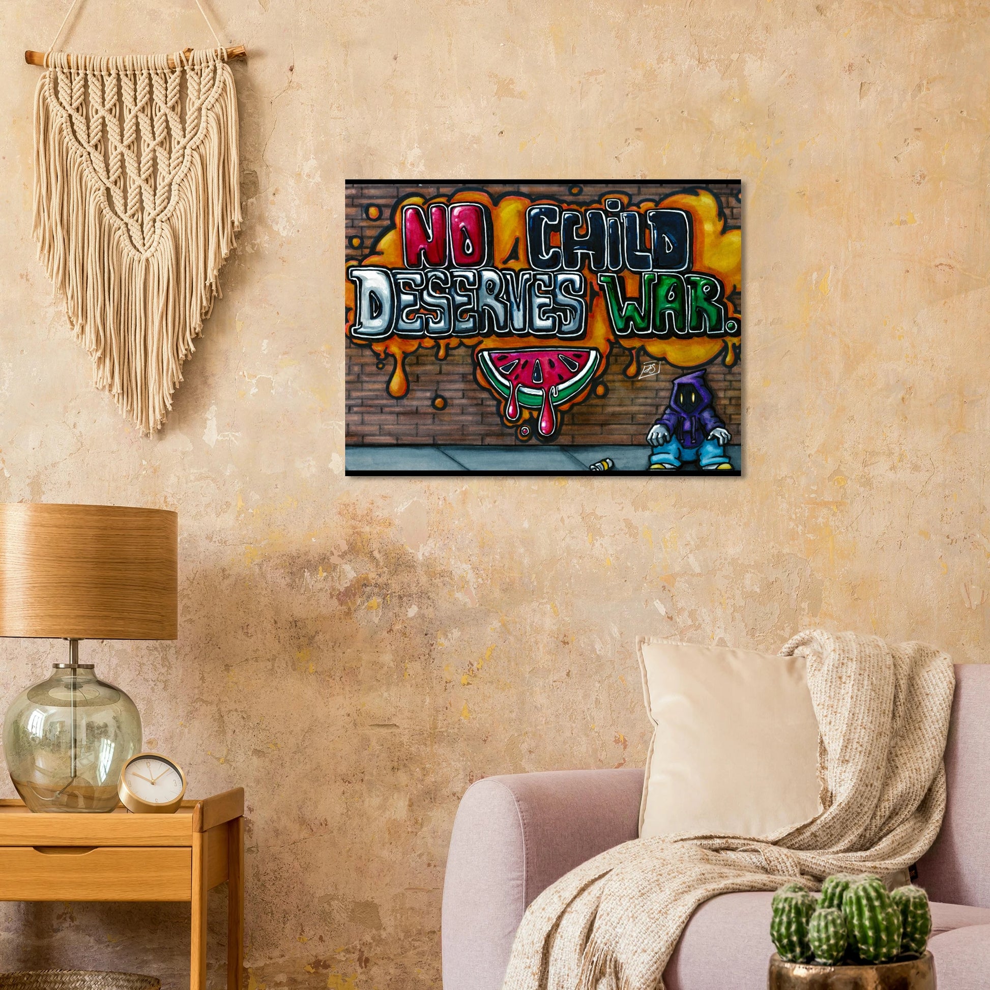 Colorful artwork with 'No Child Deserves War' text on a wall in a living room.