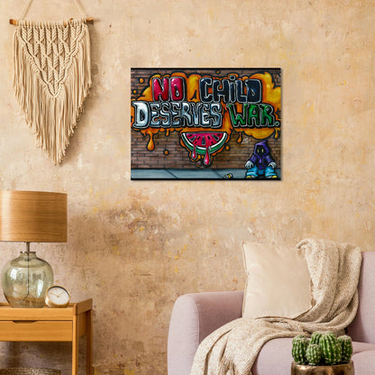 Colorful artwork with 'No Child Deserves War' text on a wall in a living room.